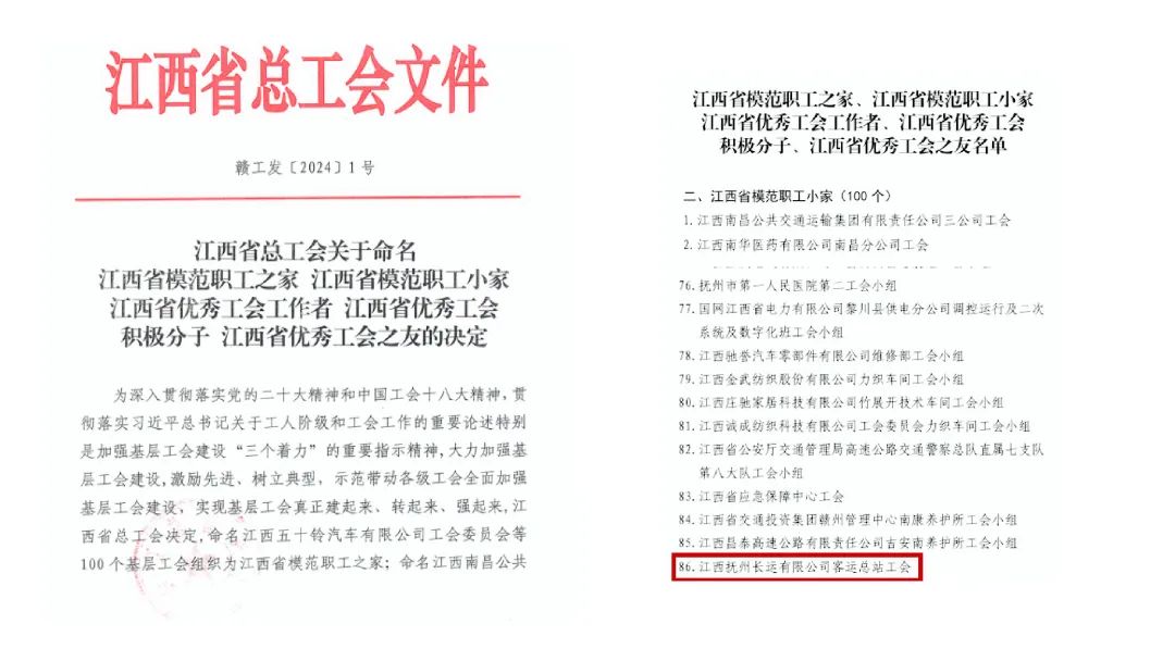 撫州長(zhǎng)運(yùn)：客運(yùn)總站工會(huì)被命名為“江西省模范職工小家”