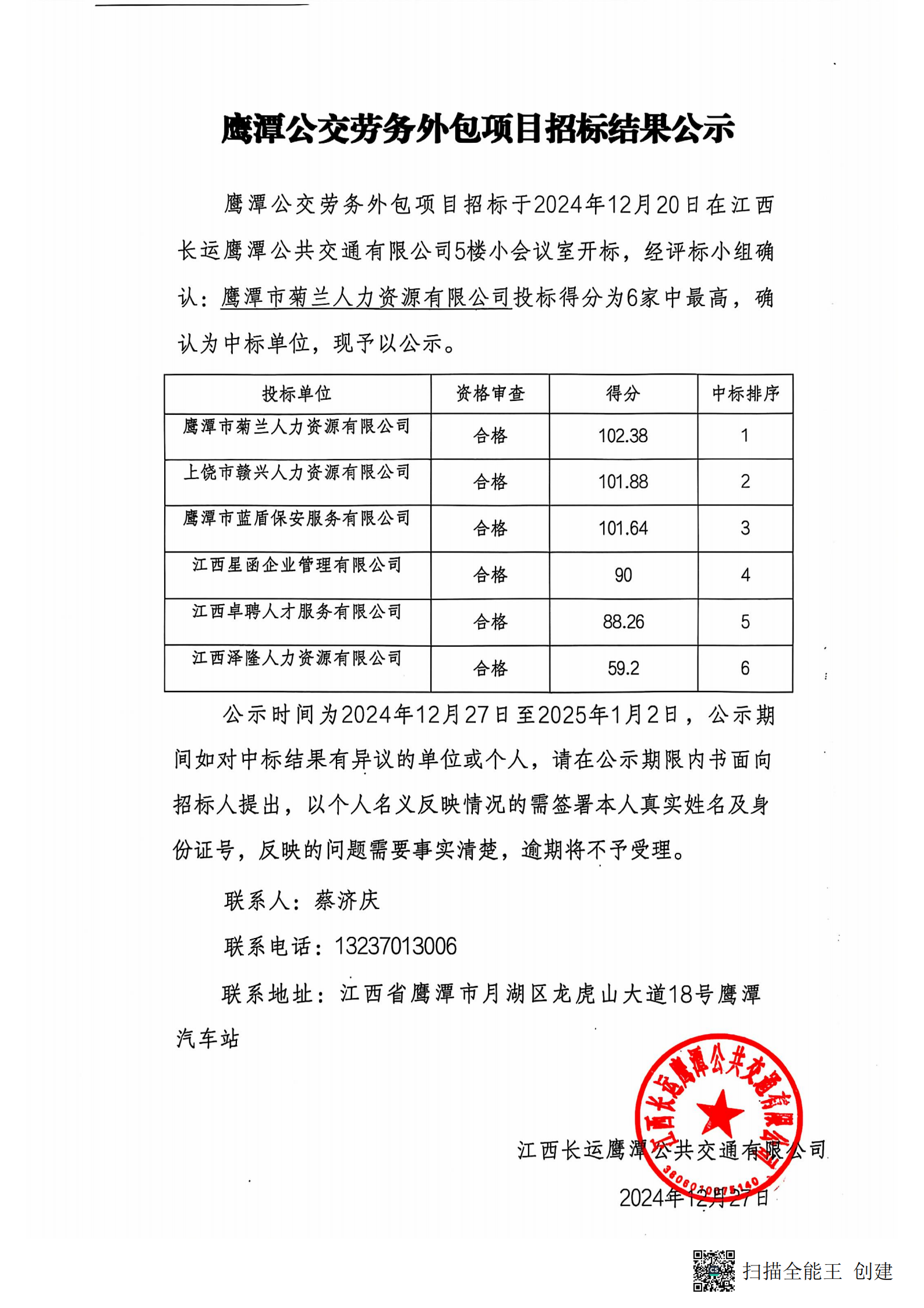 鷹潭長(zhǎng)運(yùn)勞務(wù)外包項(xiàng)目招標(biāo)結(jié)果公示20241227